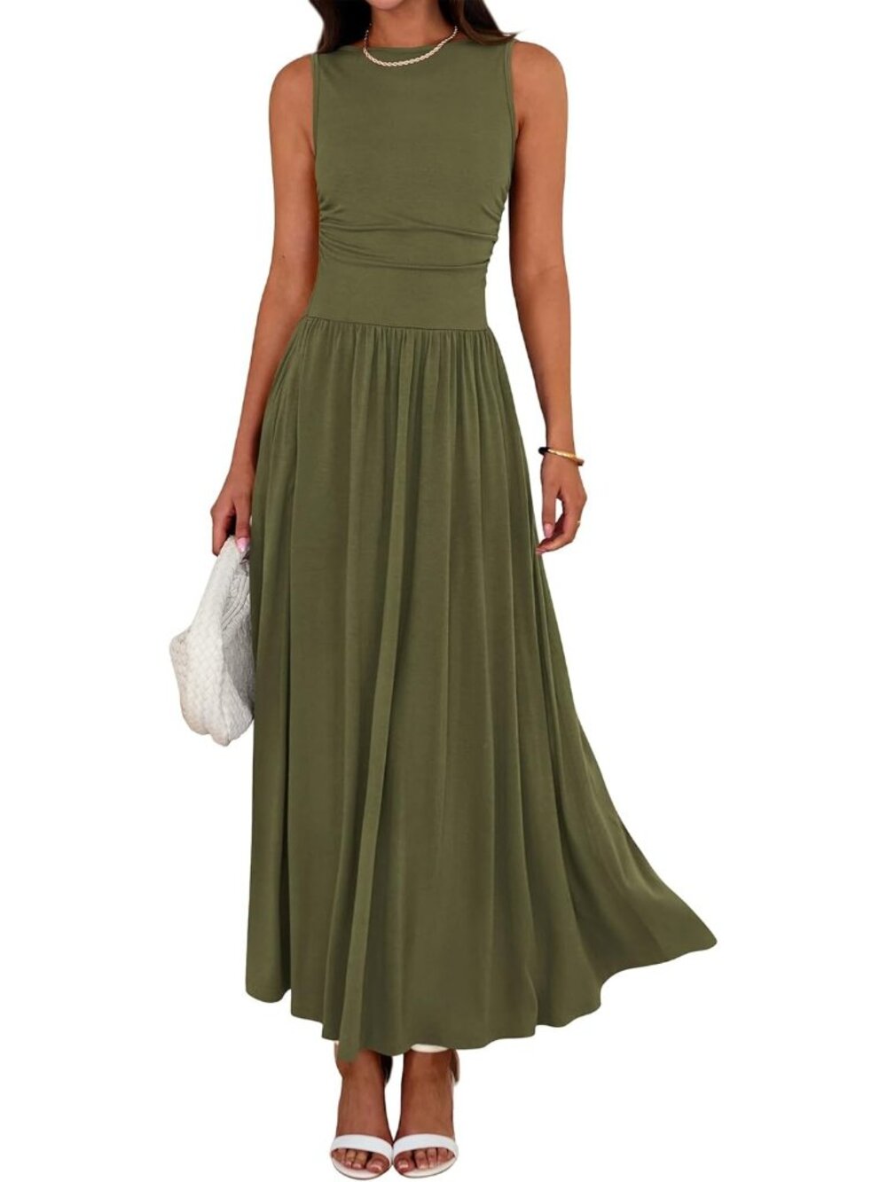Women's Green Spring Sleeveless Casual Ruched High Waisted Long Beach Sundress